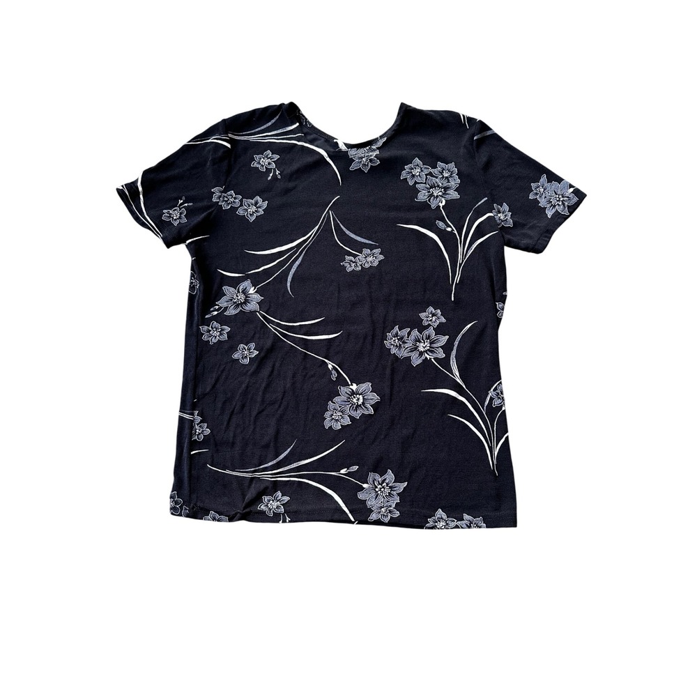 Floral Print Short Sleeve Crewneck Top Black‎ White Botanical Pattern Tee